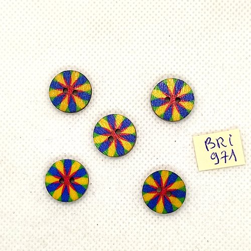 5 boutons en bois jaune vert bleu - 15mm - bri971-2