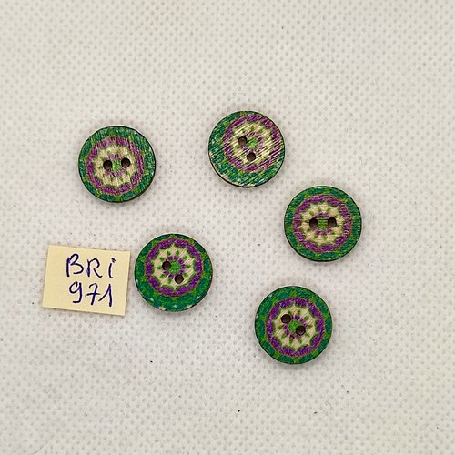 5 boutons en bois vert et multicolore - 15mm - bri971-3