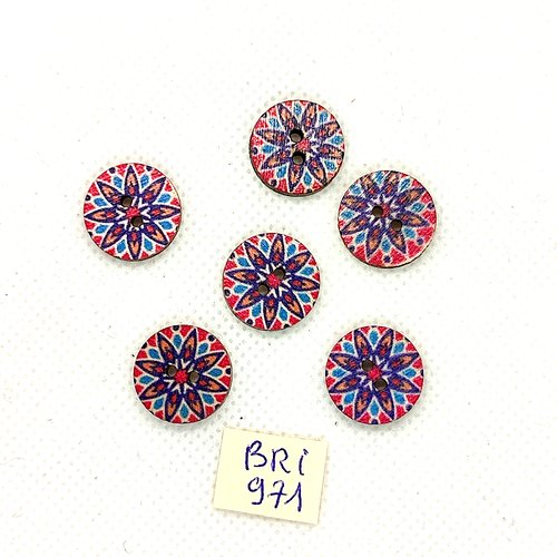 6 boutons en bois multicolore  - 15mm - bri971-9