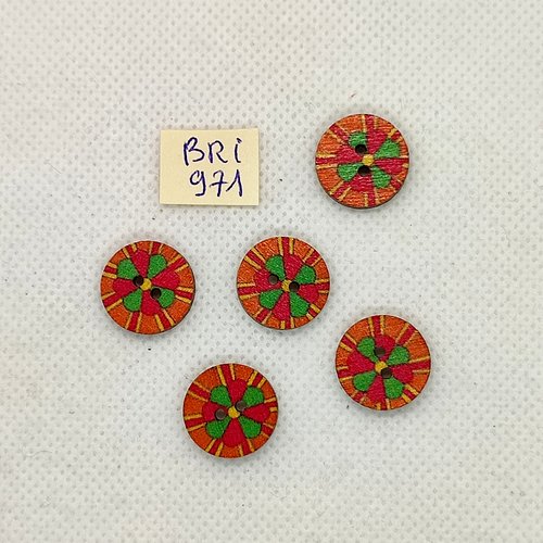 5 boutons en bois rouge et vert  - 15mm - bri971-10