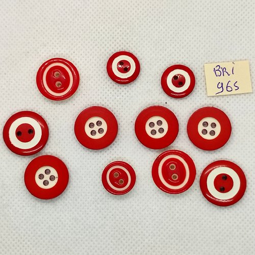 11 boutons en résine rouge et blanc cassé - 18mm et 9mm - bri965