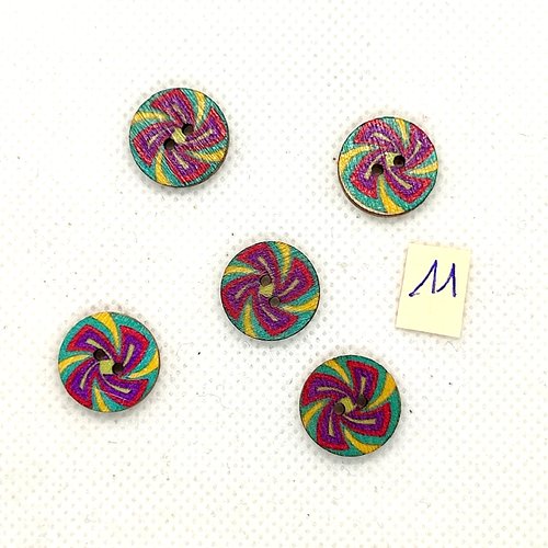5 boutons en bois multicolore - 15mm - bri973-11