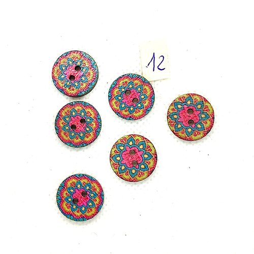 6 boutons en bois multicolore - 15mm - bri973-12