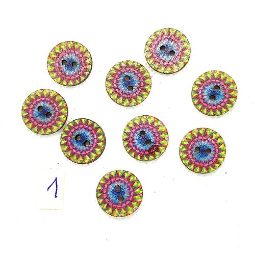 9 boutons en bois multicolore - 15mm - bri974-1