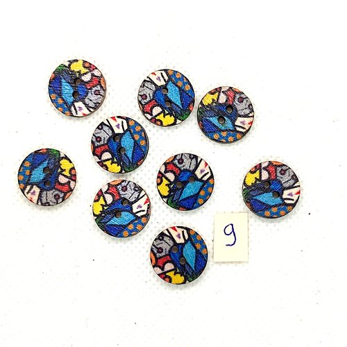 9 boutons en bois multicolore - 15mm - bri974-9