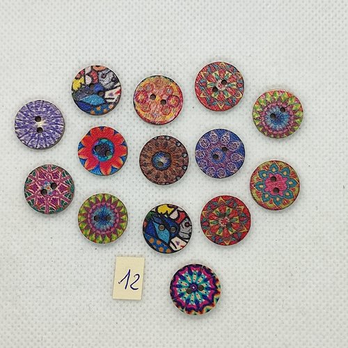 14 boutons en bois multicolore - 15mm - bri974-12