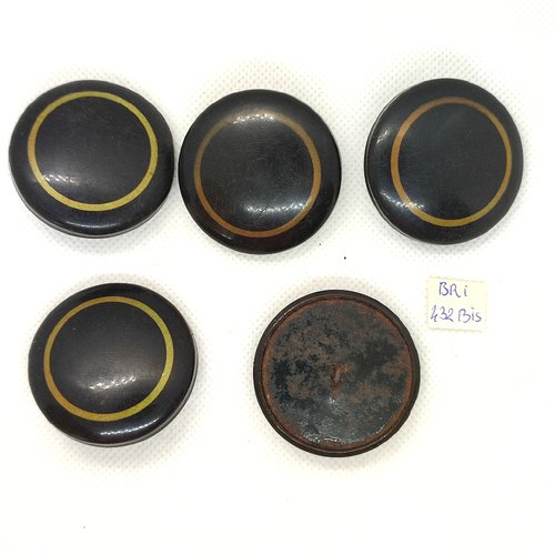 5 boutons en résine (bakélite) noir et jaune et métal dessous- 41mm - bri432bis