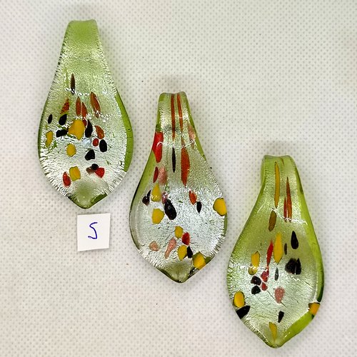 3 pendentifs en verre vert et multicolore - 64x32mm - 5