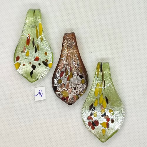 3 pendentifs en verre vert et multicolore - 60x30mm et 60x32mm - 14