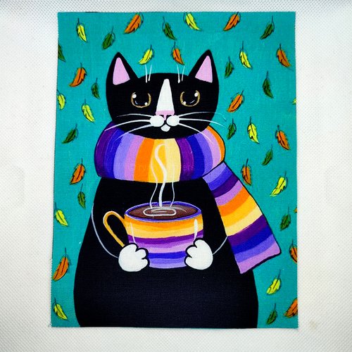Coupon tissu un chat noir avec son écharpe - coton épais - 15x20cm