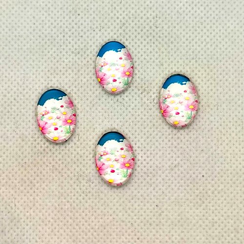 4 cabochons en verre fleur blanche - 13x18mm - b350