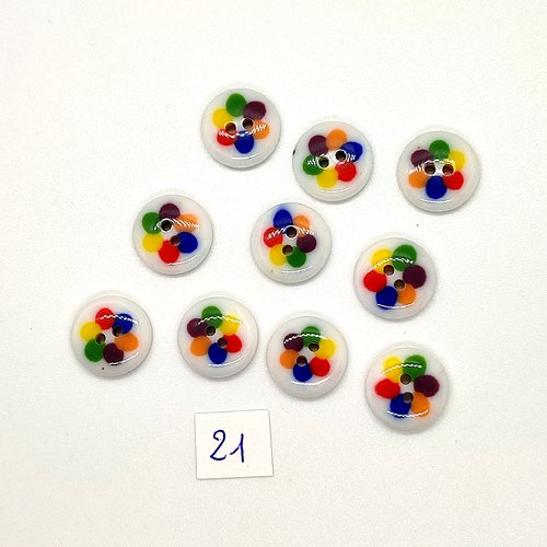 10 boutons vintage en résine blanc et multicolore - 15mm - tr21
