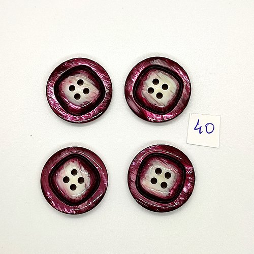 4 boutons vintage en résine rose foncé et beige - 27mm - tr40