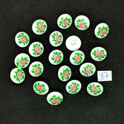 20 boutons vintage en résine blanc avec  fleur rose et vert - 15mm - tr87