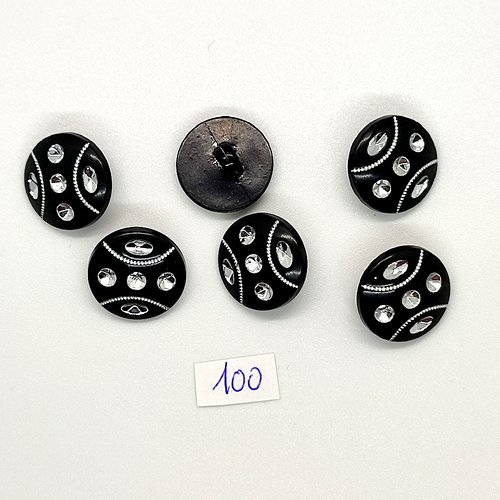 6 boutons vintage en résine noir avec des strass argenté - 17mm - tr100