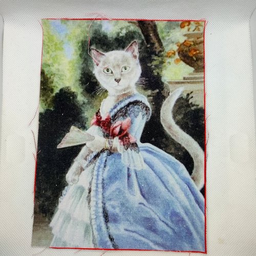 Coupon tissu un chat en robe bleu - coton épais - 15x20cm