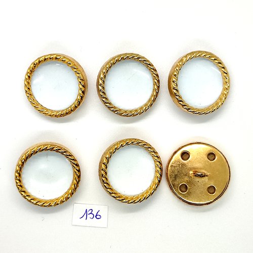 6 boutons vintage en résine doré et émail blanc - 30mm - tr136