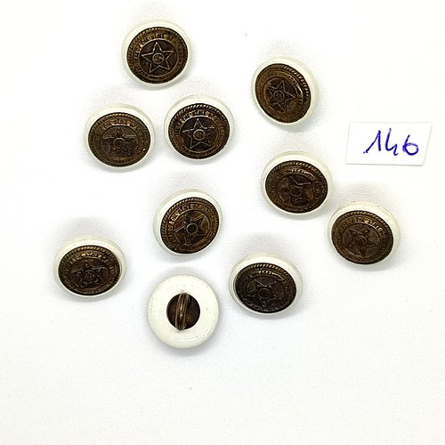 10 boutons vintage en résine blanc et métal bronze - 14mm - tr146