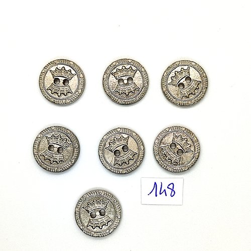 7 boutons vintage en résine argenté avec une couronne- 18mm - tr148