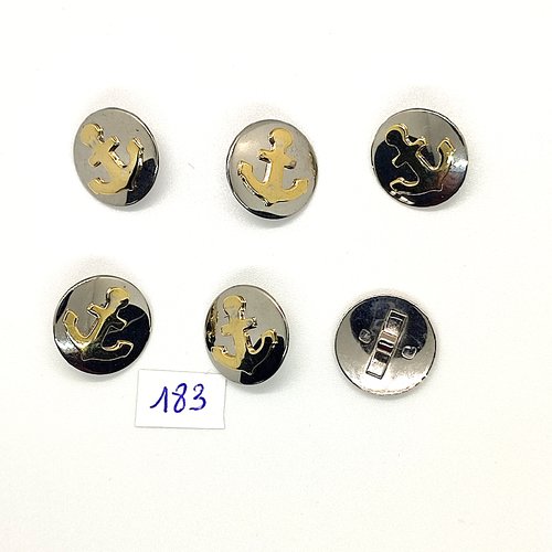 6 boutons vintage en métal argenté et doré - une ancre - 15mm - tr183