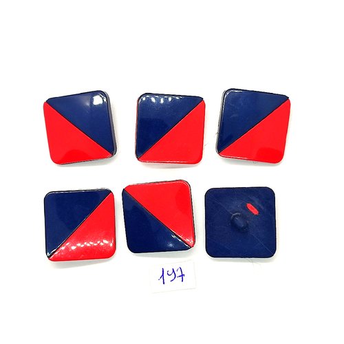 6 boutons vintage en résine bleu et rouge - 27x27mm - tr197
