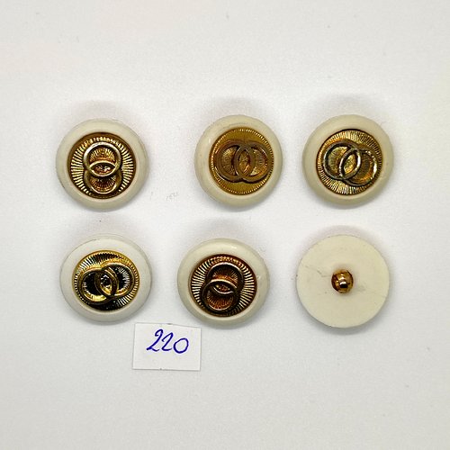 6 boutons vintage en résine doré et blanc cassé - 18mm - tr220