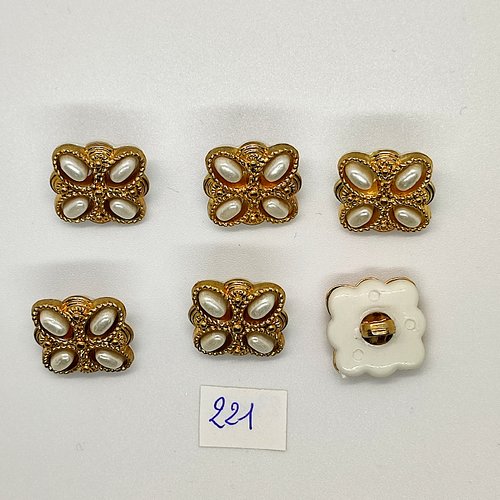 6 boutons vintage en résine doré et blanc - 16x16mm - tr221
