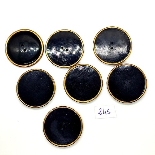 7 boutons en résine noir et métal doré - vintage - 32mm - tr245