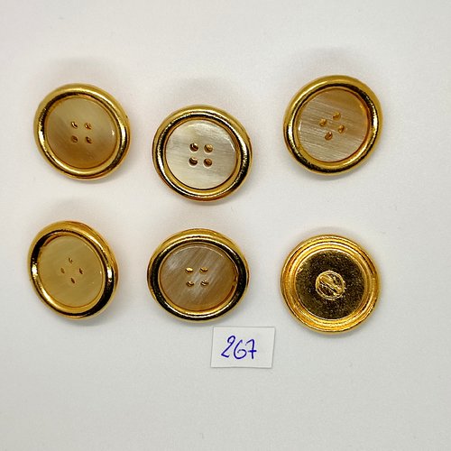 6 boutons en métal doré et nacre beige - vintage - 22mm - tr267