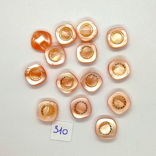 15 boutons en résine orange et doré - vintage - 14x14mm - tr310
