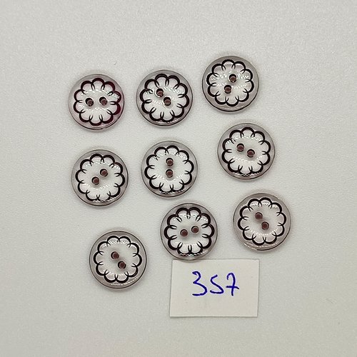 9 boutons en résine transparent et noir - fleur - vintage - 12mm - tr357