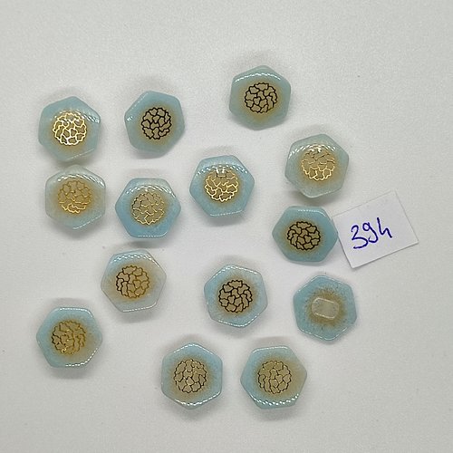 14 boutons en résine bleu clair et doré - vintage - 15mm - tr394
