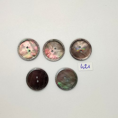 5 boutons en nacre gris / marron - vintage - 22mm - tr421