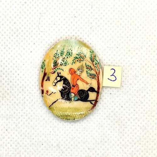1 perle (ovale) vintage en os - cheval peint - multicolore - 26x33mm - 3