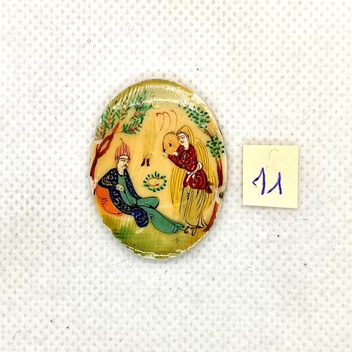 1 perle (ovale) vintage en os - un moine peint - multicolore - 26x33mm - 11