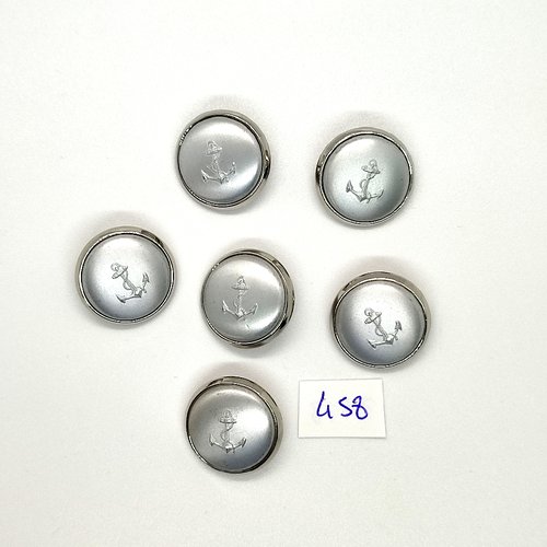 6 boutons en métal argenté et gris - une ancre - vintage - 21mm - tr458