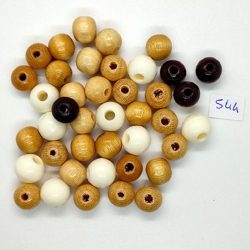 41 perles vintage en bois marron et blanc - 13mm - tr544