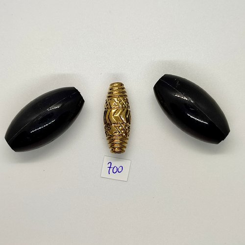 3 perles en résine noir et doré - vintage - 20x38mm et 12x32mm - tr700