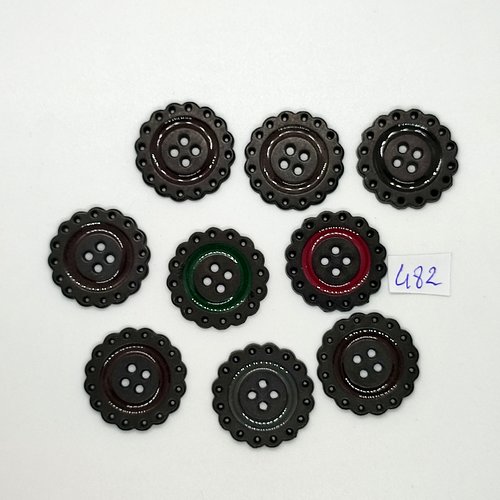 9 boutons en métal noir et multicolore - vintage - 27mm - tr482