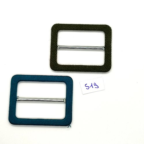 2 boucles de ceinture coulissante en tissu vert et bleu et métal - 40x50mm - tr519