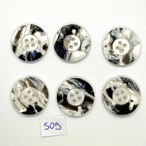 6 boutons en résine blanc et noir - vintage - 25mm - tr509