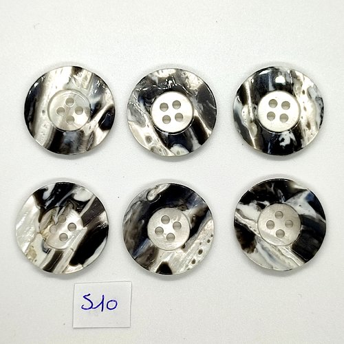 6 boutons en résine blanc et noir - vintage - 28mm - tr510