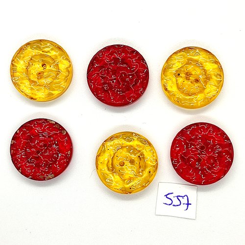 6 boutons en résine jaune et rouge - vintage - 21mm - tr557