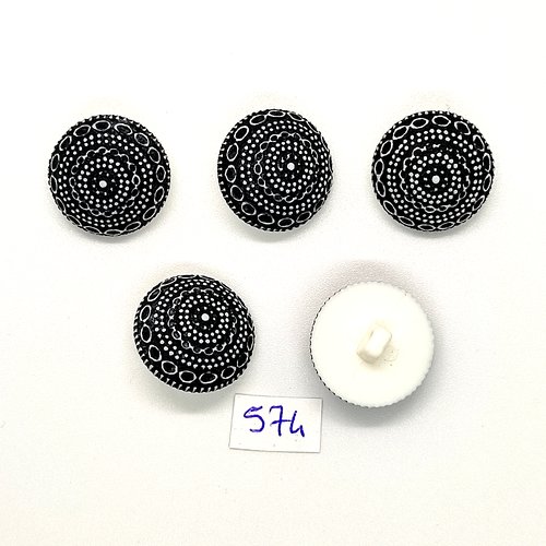 5 boutons en résine blanc et noir / gris foncé - vintage - 20mm - tr574