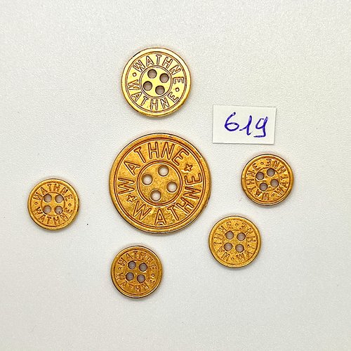 6 boutons en métal doré - wathne - vintage - 22mm - 15mm et 11mm - tr619