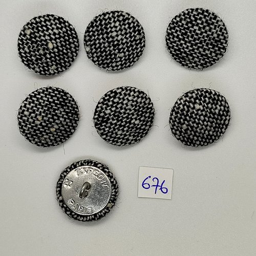 7 boutons en passementerie blanc / noir et métal argenté - vintage - 20mm - tr676