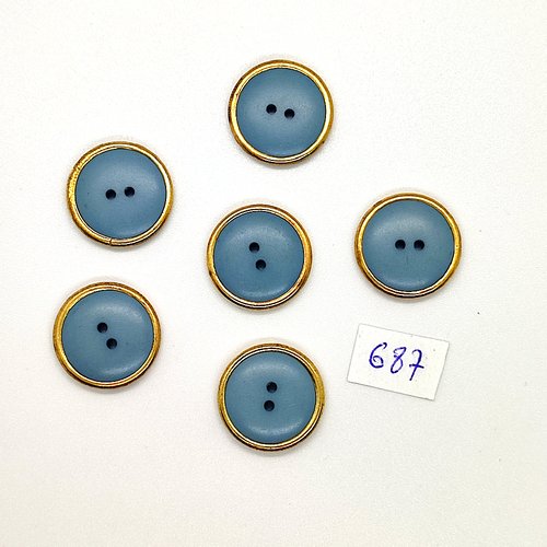 6 boutons en résine bleu et doré - vintage - 18mm - tr687