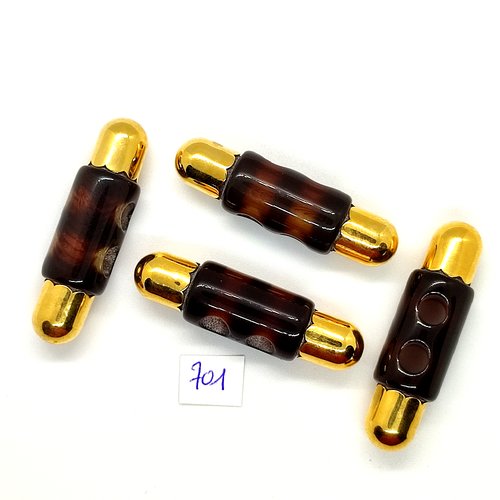 4 boutons brandebourg en résine marron et métal doré - vintage - 14x51mm - tr701