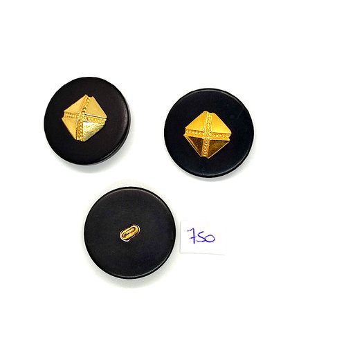3 boutons en résine noir et doré - vintage - 31mm - tr750