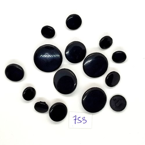 15 boutons en résine noir - vintage - taille diverse - tr753
